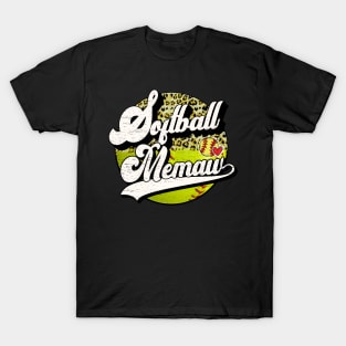 Softball Memaw Vintage Leopard Softball Family Matching T-Shirt